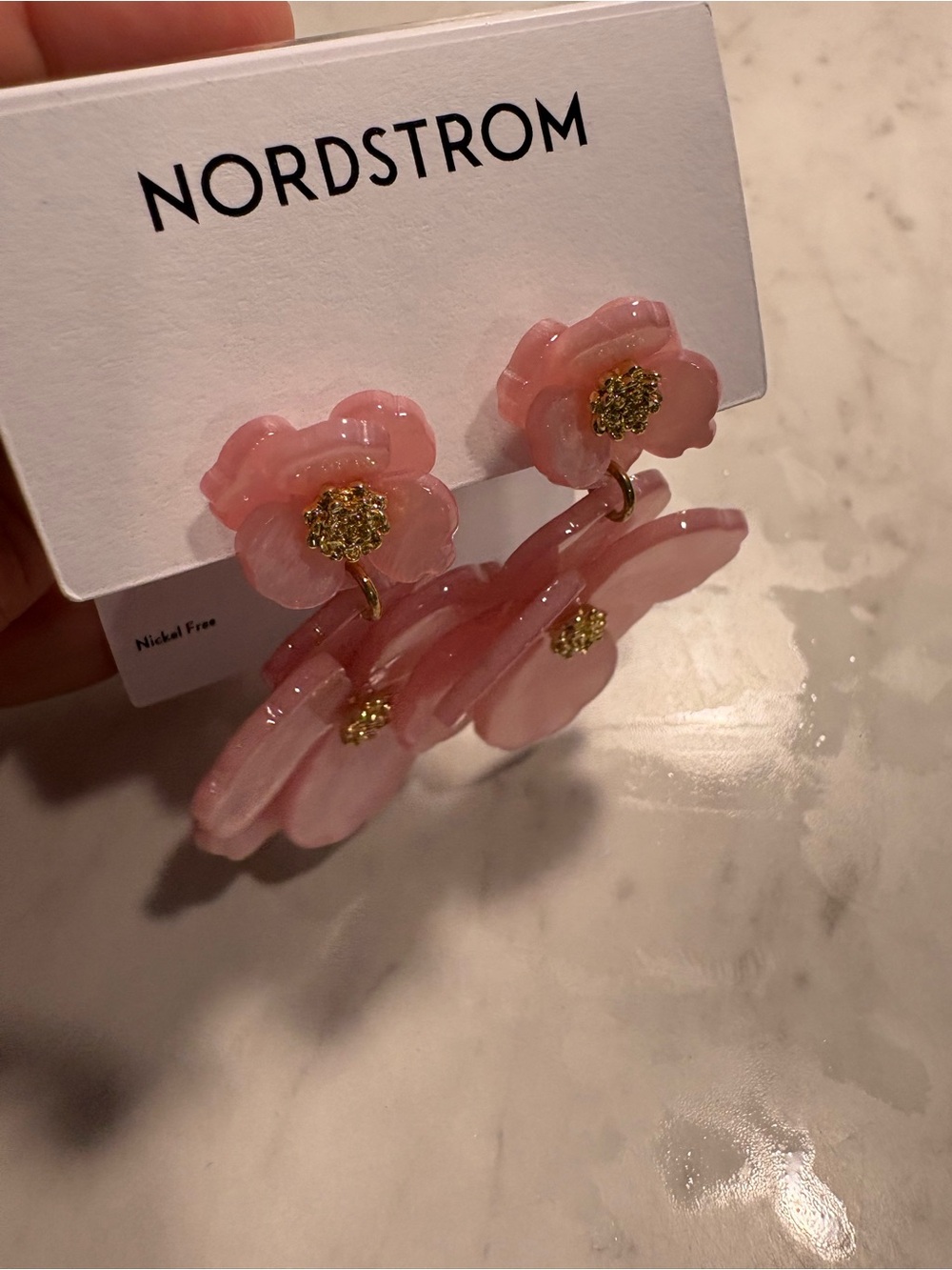 Nordstrom Blush Pink Pansy Drop Earrings with Gold Centers - Picture 2 of 2